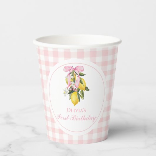 Lemon Pink Bow preppy Coquette 1e verjaardag Papieren Bekers (Voorkant)