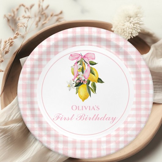 Lemon Pink Bow preppy Coquette 1e verjaardag Papieren Bordje