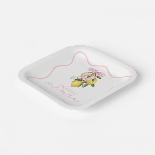Lemon Pink Bow preppy Coquette 1e verjaardag Papieren Bordje (Gebogen)