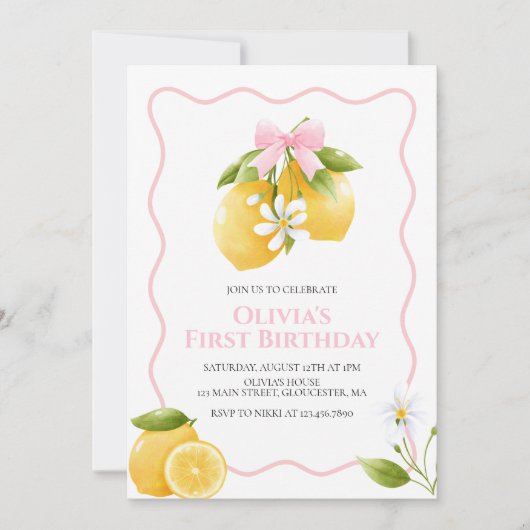 Lemon Pink Bow preppy Coquette verjaardag Uitnodig Kaart (Voorkant)