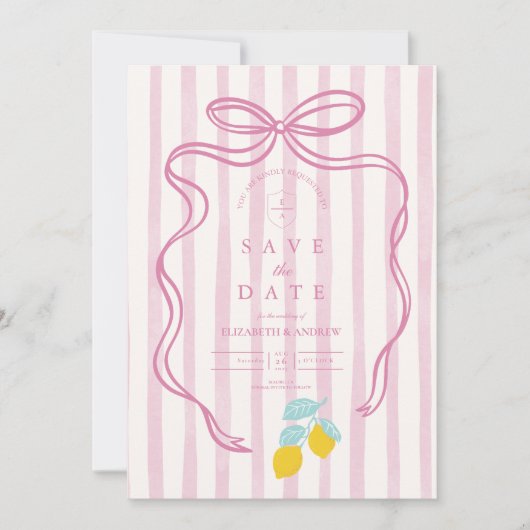 Lemon Pink Bow Wedding Save The Date (Voorkant)