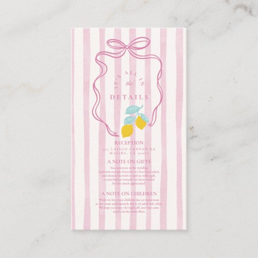 Lemon Pink Stripe Wedding Informatiekaartje (Voorkant)