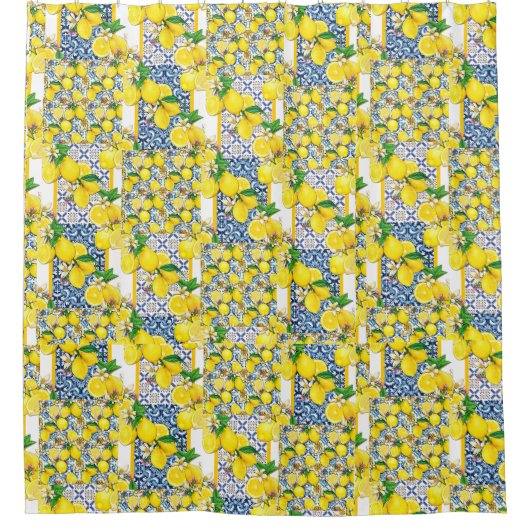 Lemon Portugal Azulejo Mediterranean Santorini Douchegordijn (Voorkant)