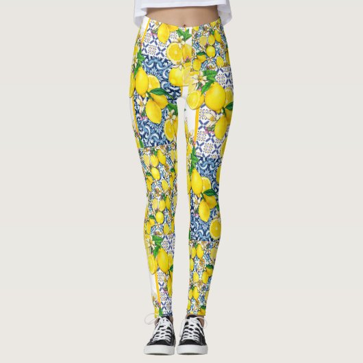 Lemon Portugal Azulejo Mediterranean Santorini Leggings (Voorkant)