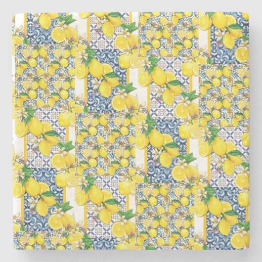 Lemon Portugal Azulejo Mediterranean Santorini Stenen Onderzetter (Voorkant)