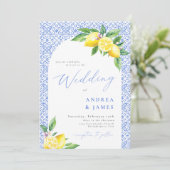 Lemon Positano Italiaans Blauw Tegel Huwelijk Kaart (Staand voorkant)