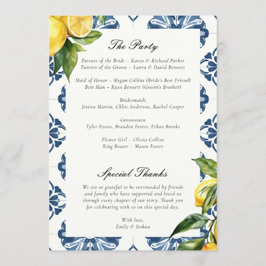 Lemon Positano Italiaanse huwelijksceremonie progr Programmakaart (Achterkant)