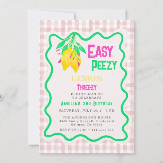 Lemon Roze Gingham Drie-zy 3e Meisje Verjaardag Kaart (Voorkant)