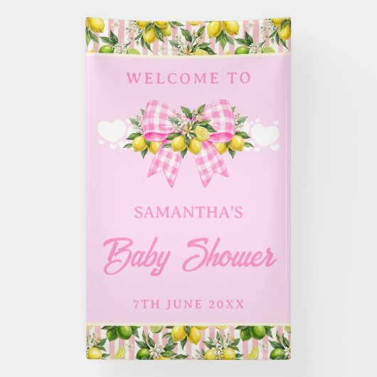 Lemon & Roze Gingham Strik Baby Shower Welkom Spandoek (Verticaal)