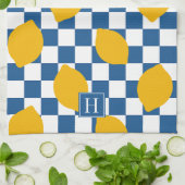 Lemon Rustic Farmhouse Blue White Check Monogram Theedoek (Gevouwen)