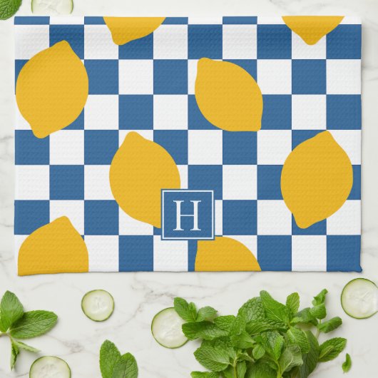 Lemon Rustic Farmhouse Blue White Check Monogram Theedoek (Gevouwen)