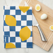 Lemon Rustic Farmhouse Blue White Check Monogram Theedoek (Quarter Fold)