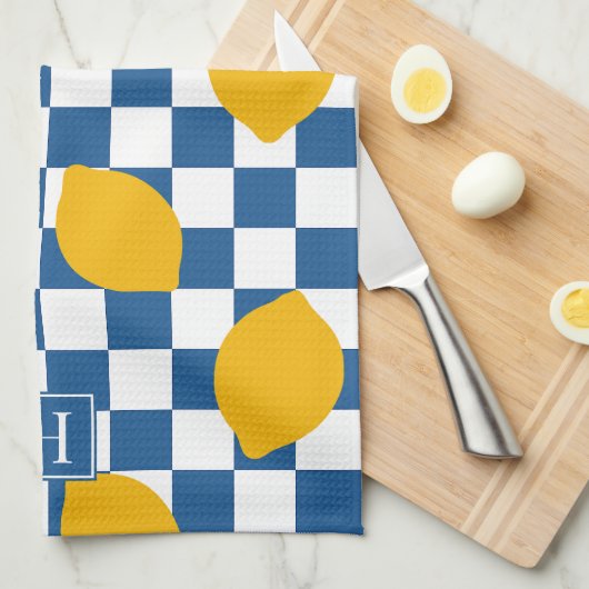 Lemon Rustic Farmhouse Blue White Check Monogram Theedoek (Quarter Fold)