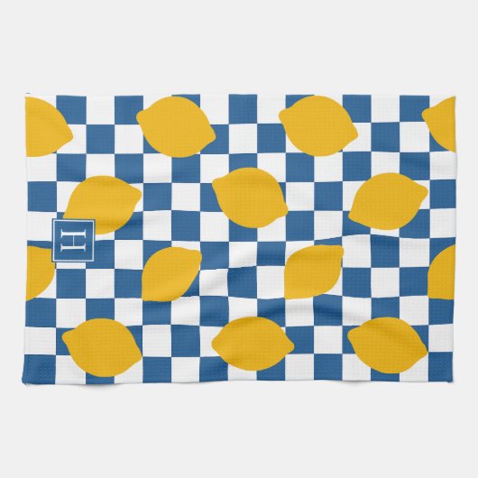 Lemon Rustic Farmhouse Blue White Check Monogram Theedoek (Horizontaal)