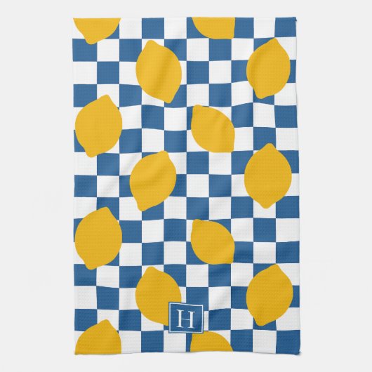 Lemon Rustic Farmhouse Blue White Check Monogram Theedoek (Verticaal)