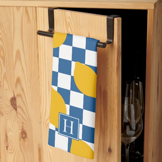Lemon Rustic Farmhouse Blue White Check Monogram Theedoek (Derde Gevouwen)