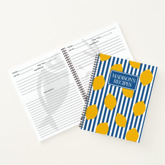 Lemon Rustic Farmhouse Blue & White Stripe Recipe Notitieboek (Binnen)