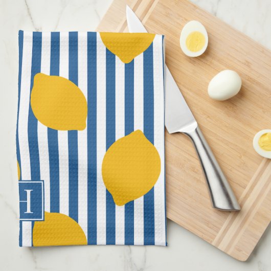 Lemon Rustic Farmhouse Stripe Monogram Theedoek (Quarter Fold)
