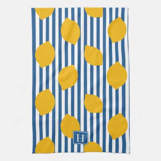 Lemon Rustic Farmhouse Stripe Monogram Theedoek (Verticaal)
