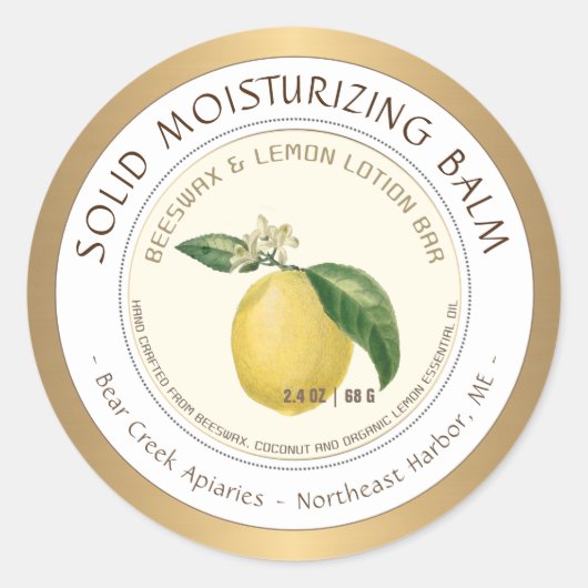 Lemon Scented Beeswax Lotion Bar Gold Border Ronde Sticker (Voorkant)