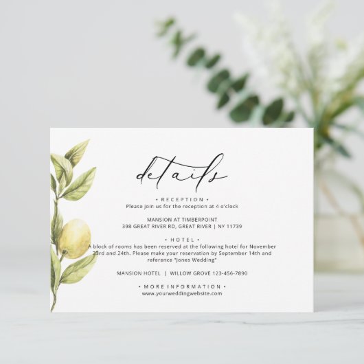 Lemon Sorrento Amalfi Kalligrafie Bruiloft Details Informatiekaartje (Staand voorkant)