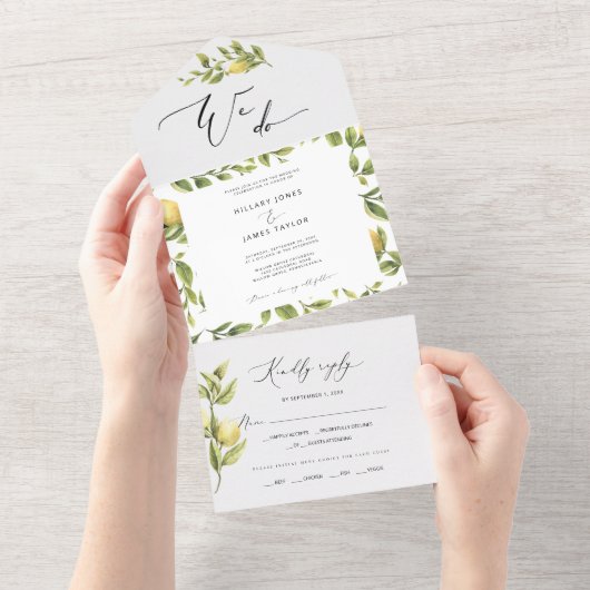 Lemon Sorrento Amalfi Kustkalligrafie Bruiloft All In One Uitnodiging (Afscheurbaar)