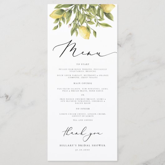 Lemon Sorrento Mediterraan Vrijgezellenfeest Menu (Voorkant)