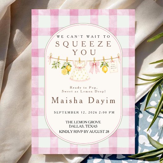 Lemon Squeeze Roze Gingham Meisje Baby Shower Kaart