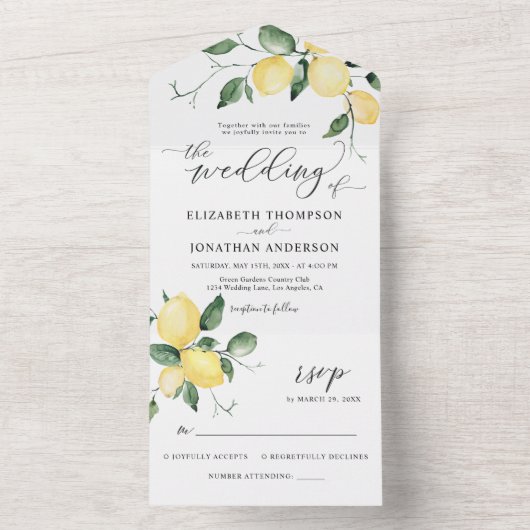 Lemon Summer Fruit Yellow Weddenschap Details RSVP All In One Uitnodiging (Binnen)