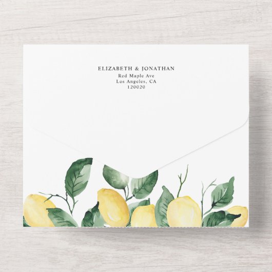Lemon Summer Fruit Yellow Weddenschap Details RSVP All In One Uitnodiging (Achterkant)