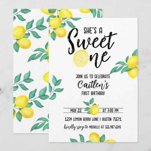 Lemon Sweet One First Birthday Invite Kaart (Voorkant / Achterkant)