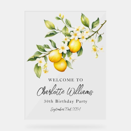 Lemon Theme 30e Verjaardagsfeestje Welkom Acryl Bord (Voorkant)