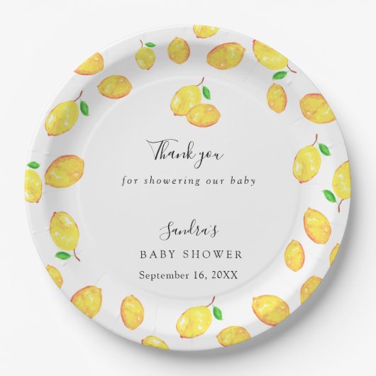 Lemon Theme Baby shower Citrus Modern Script Papieren Bordje (Voorkant)