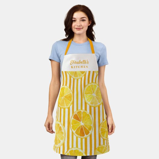 Lemon Theme Stripes Name Apron Schort (Gedragen)