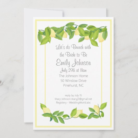 Lemon Theme Vrijgezellenfeest Brunch Uitnodiging (Voorkant)
