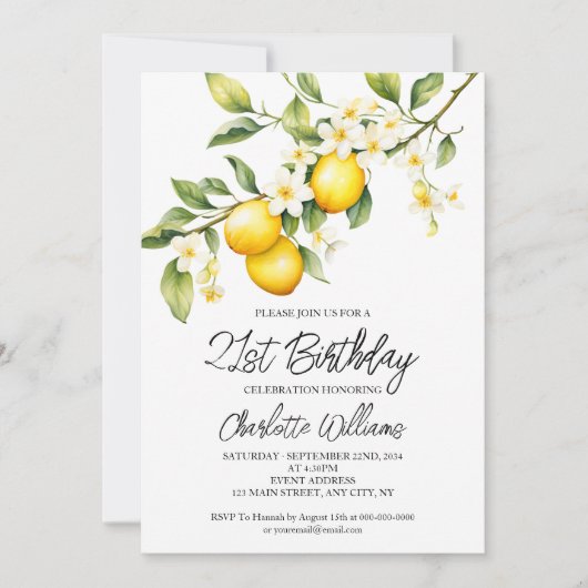 Lemon Theme Waterverf 21ste Verjaardagsfeest Kaart (Voorkant)