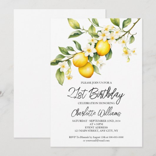Lemon Theme Waterverf 21ste Verjaardagsfeest Kaart (Voorkant / Achterkant)