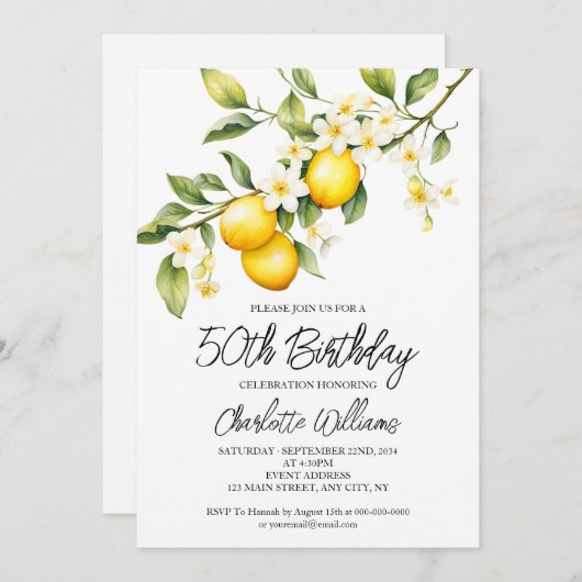 Lemon Theme Waterverf 50ste Verjaardagsfeest Kaart (Voorkant / Achterkant)