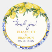 Lemon-Themed Mediterranean Tile Wedding Ronde Sticker (Voorkant)