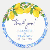 Lemon-Themed Mediterranean Tiles Wedding Ronde Sticker (Voorkant)