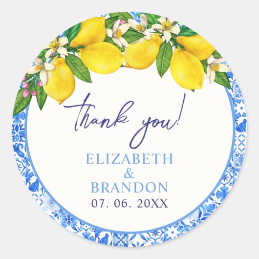 Lemon-Themed Mediterranean Tiles Wedding Ronde Sticker (Voorkant)