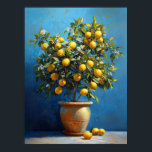 Lemon Tree in Clay Pot with Blossoms Poster<br><div class="desc">A lush lemon tree bursting with ripe golden fruit and tiny white blossoms stands in a rustic clay pot. The textured blue background and sunlit tile floor create a vibrant Mediterranean ambiance. Glossy green leaves and painterly brushstrokes add a lively charm.</div>