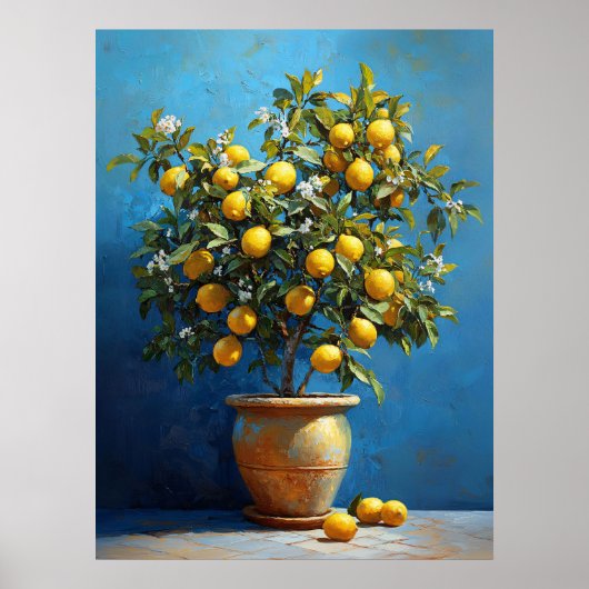 Lemon Tree in Clay Pot with Blossoms Poster (Voorkant)