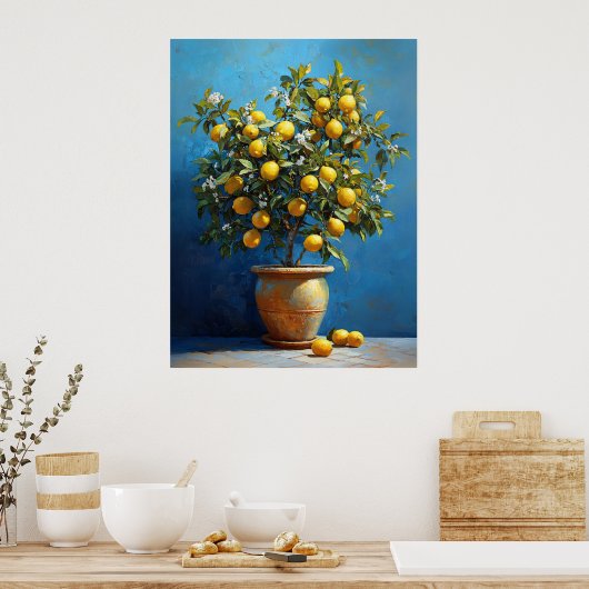 Lemon Tree in Clay Pot with Blossoms Poster (Keuken)