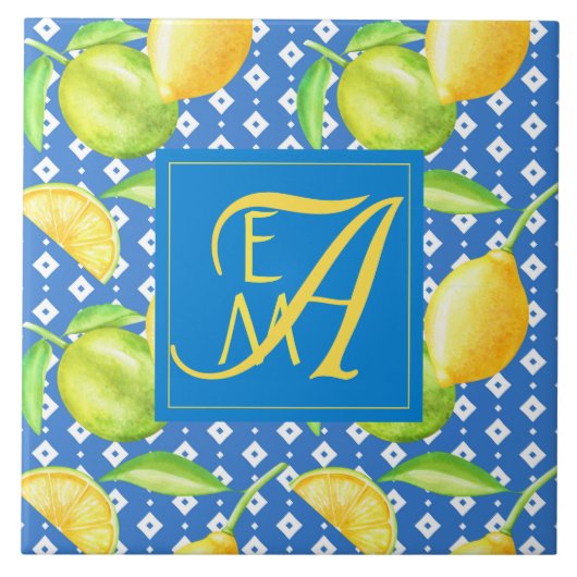 Lemon Tree Ocean Blue MONOGRAM Pas getrouwd Wedden Tegeltje (Voorkant)
