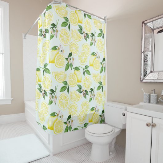 Lemon Tropical Summer Fruit Pattern on Mint 2 Douchegordijn (In situ)