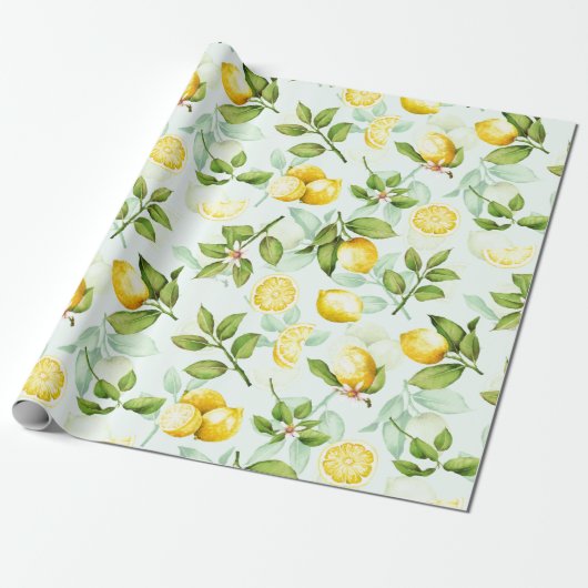 Lemon Tropical Summer Fruit Pattern on Mint Cadeaupapier (Uitgerold)