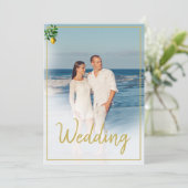 Lemon Tuscan Tile Blue White Photo Wedding Kaart (Staand voorkant)