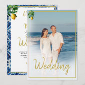 Lemon Tuscan Tile Blue White Photo Wedding Kaart (Voorkant / Achterkant)