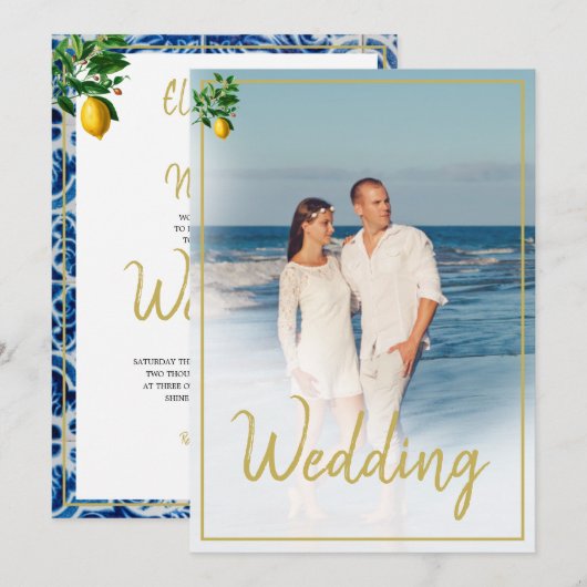 Lemon Tuscan Tile Blue White Photo Wedding Kaart (Voorkant / Achterkant)